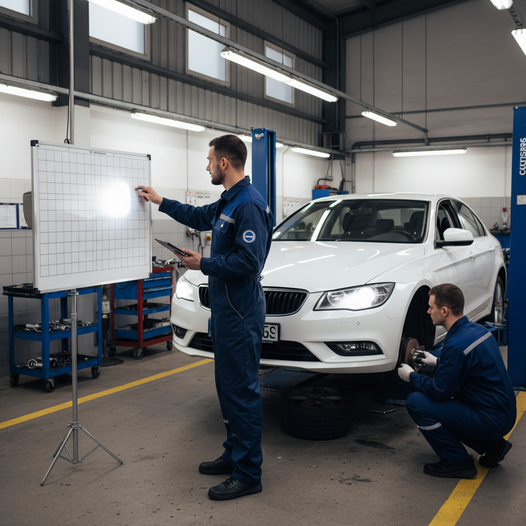 Techniker prüft Beleuchtung und Bremsen