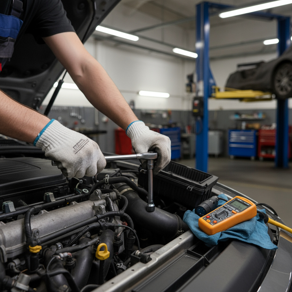 Mechaniker bei der Fahrzeugprüfung